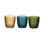 Votivní sklenice KIRSTIE se zlatým okrajem, vzor diamant, 3 kusy, zeleno-žluto-modrá, 9cm, Ø9cm