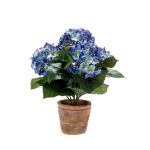 Textilní květina hortenzie LAIDA v terakotovém květináči, modrá, 35cm