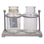 Dekorační skleněné láhve LORRIE s dřevěným stojanem, 2 sklenice, čiré, 19,5x10x14,5cm