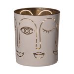 Sklenice na čajovou svíčku LEOLINE s obličeji, bílo-zlatá, 10cm, Ø9cm