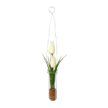 Umělé aranžmá tulipánů FRUKE v závěsné váze, bílé, 35cm