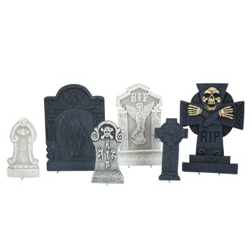 Halloween náhrobky LUCRETIA, 6 kusů, vzhled kamene, polystyren, lebka, šedočerná barva