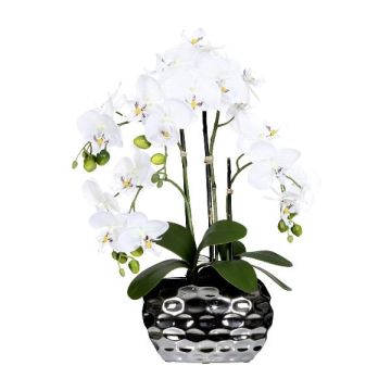 Plastová květina orchidej Phalaenopsis SINKA v dekorativním květináči stříbrná, bílá, 55cm Plastová květina orchidej Phalaenopsis SINKA v dekorativním květináči stříbrná, bílá, 55cm