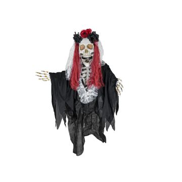 Halloween kostra LA CATRINA s růžemi ve vlasech, funkce zvuku a pohybu, LED diody, 60x30x100cm