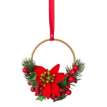 Dekorační věnec květinový kroužek poinsettia, jedle KUBRI, bobule, červený, Ø14cm
