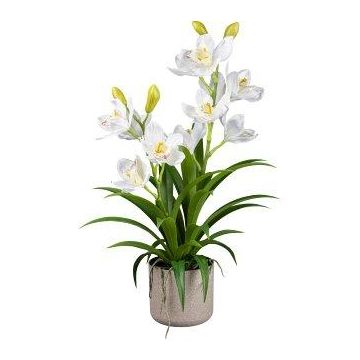 Plastová květina orchidej Cymbidium CANFOL, melaminový květináč, kořeny, bílá, 60cm