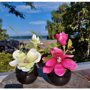 Umělá magnólie FEMI v černém keramickém květináči, růžová, 20cm, Ø17cm