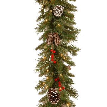 Umělá jedlová girlanda MARLIES, zasněžená, s plody, LED diody, 275cm, Ø25cm