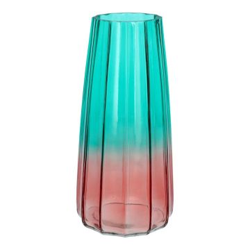 Květinová váza AMALFRIED s rýhami, sklo, tyrkysovo-růžová, 21 cm, Ø 10 cm