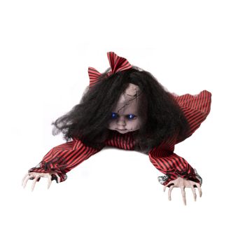 Halloweenská hororová zombie panenka LILLIBET, plazící se, mluvící, LED diody, 110x35x25cm