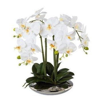 Textilní orchidej Phalaenopsis MANULO, keramická miska stříbrná, kořeny, bílá, 40cm Textilní orchidej Phalaenopsis MANULO, keramická miska stříbrná, kořeny, bílá, 40cm