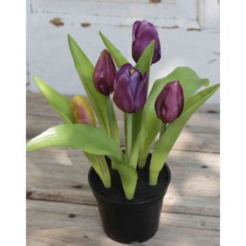 Umělý tulipán LEANA v dekoračním květináči, fialovo-zelená, 20cm, Ø2-4cm