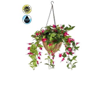 Umělý závěsný košík fuchsie JONKFUN v košíku, křížová dvířka, růžová, 70cm