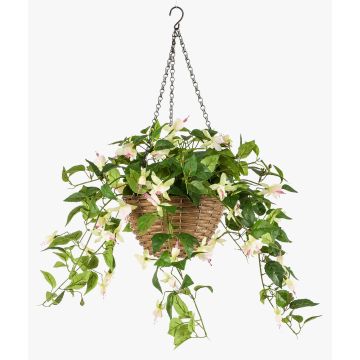 Umělý závěsný košík fuchsie JONKFUN v košíku, křížová dvířka, krémově růžová, 70cm