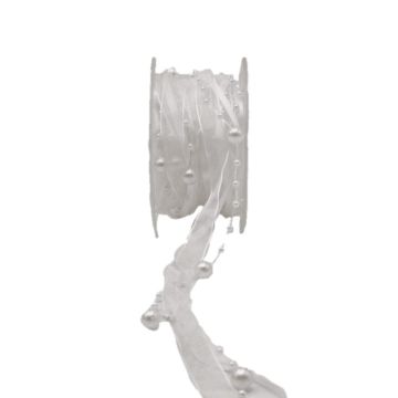 Ozdobná stuha s perličkami CARESA ze šifonu a saténu, bílá, 5m, 20mm