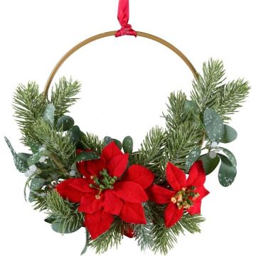 Dekorativní věnec květinový kroužek poinsettia KIRLO, bobule, červená, Ø26cm