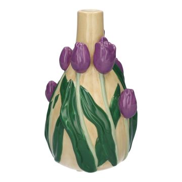Dekorativní váza LIMEA z dolomitu, 3D tulipány, béžovo-fialovo-zelená, 21,6 cm, Ø13,3 cm