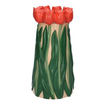 Dekorativní váza LIMEA z dolomitu, 3D tulipány, béžovo-červeno-zelená, 24,5 cm, Ø12,5 cm Dekorativní váza LIMEA z dolomitu, 3D tulipány, béžovo-červeno-zelená, 24,5 cm, Ø12,5 cm