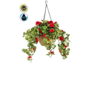 Umělý závěsný koš pelargonie CUVAST v koši, křížový, červený, 70cm