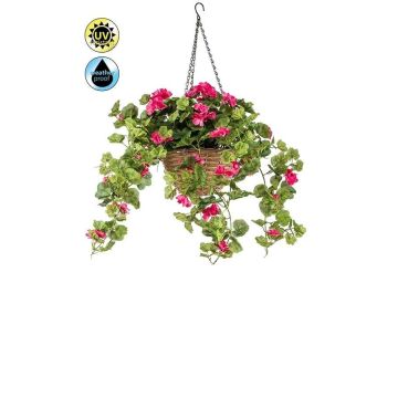 Umělý závěsný koš pelargonie CUVAST v koši, křížový, tmavě růžový, 70cm