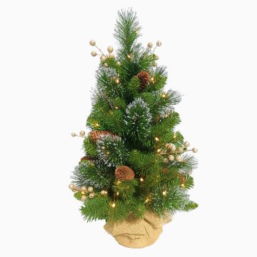 Umělý smrk WISCONSIN, jutový pytel, zlatě ozdobený, třpytky, LED diody, 60cm, Ø35cm Umělý smrk WISCONSIN, jutový pytel, zlatě ozdobený, třpytky, LED diody, 60cm, Ø35cm