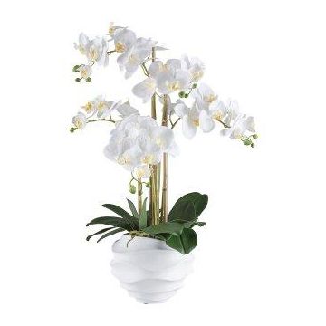 Umělá orchidej Phalaenopsis STONFER, dekorativní květináč, bílý, kořeny, bílá, 70cm