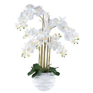 Umělá orchidej Phalaenopsis STONFER, dekorativní květináč bílý, bílá, kořeny, 90cm