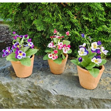 Dekorativní umělá maceška BAHNY v terakotovém květináči, fialovo-fialová, 17cm