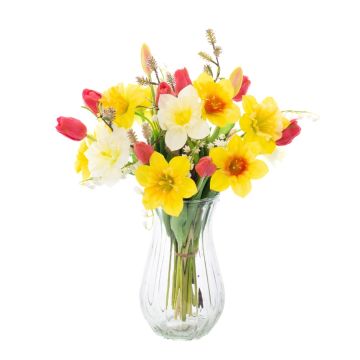 Umělá jarní kytice MANULA, narcis, žluto-růžovo-bílá, 40cm, Ø30cm