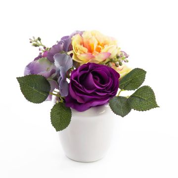 Umělá ikebana růže a hortenzie FELINE, fialová, 17cm, Ø18cm