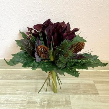 Umělá kytice amarylis ARISTEA, vánoční růže, bobule, vínová, 30cm, Ø28cm