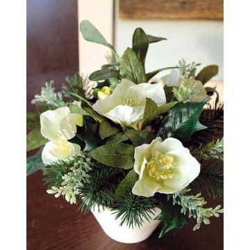 Umělé aranžování vánočních růží z jmelí DANITA v hliněné nádobě, bílo-zelené, 20cm