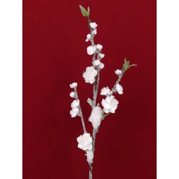Umělá větvička okrasné broskvoně NANTA, s květy, zasněžená, bílá, 80cm