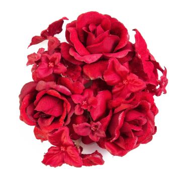 Textilní věnec na svíčku INGA, růže, hortenzie, červená, Ø10cm