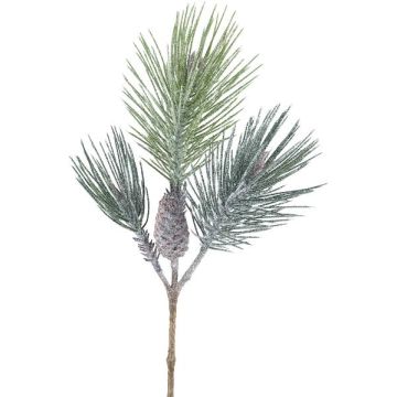Umělá borovicová větvička SNOLER s třpytkami, šišky, zmrzlá, zelená, 60cm