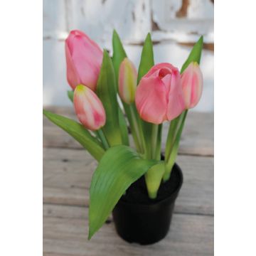 Umělý tulipán CAITLYN v ozdobném květináči, růžovo-zelený, 25cm, Ø2-6cm
