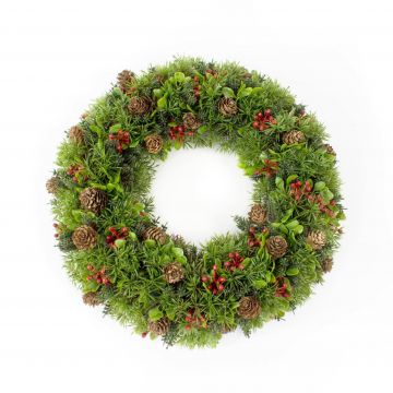 Umělý vánoční věnec MÄRTA, s bobulemi, šiškami a mátou, zelená, Ø35cm