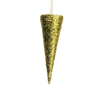 Vánoční ozdoba přívěsek špičatý sáček SHUFAN, třpytky, zlatá, 20cm