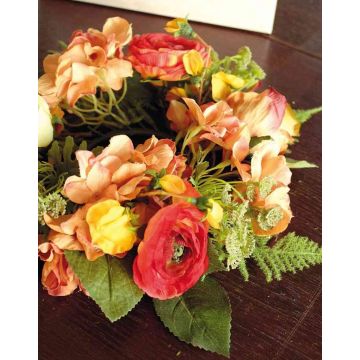 Umělá kytice hortenzie SUNA, pryskyřník, růže, oranžovo-červená, Ø30cm