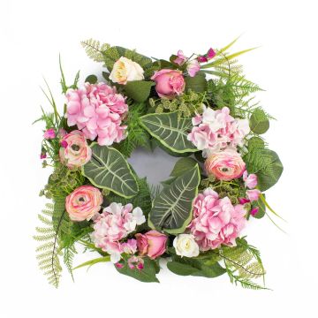 Umělá kytice hortenzie SUNA, pryskyřník, růže, růžovo-bílá, Ø50cm