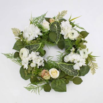Umělá kytice hortenzie SUNA, pryskyřník, růže, bílo-zelená, Ø50cm