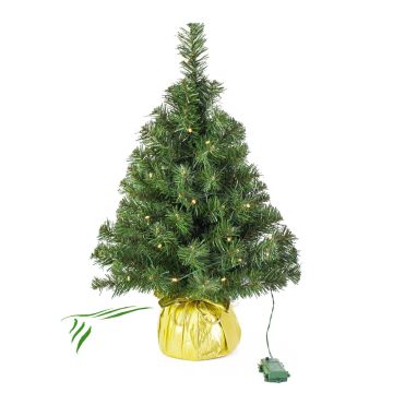 Plastový vánoční stromek WARSCHAU, jutový pytel zlatá, LED diody, 60cm, Ø40cm