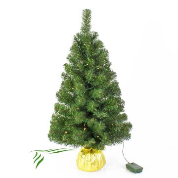 Plastový vánoční stromek WARSCHAU, jutový pytel zlatá, LED diody, 90cm, Ø50cm