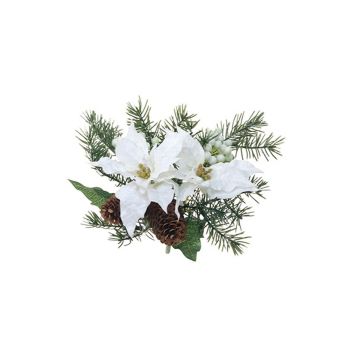 Umělá květinové aranžmá vánoční hvězda, jedle YINGA se šiškami, bobulemi, zápich, bílá, 23cm, Ø24cm