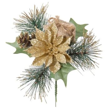 Umělé květinové aranžmá vánoční hvězdy, borovice HERMINA s dárkem, zápich, 21cm, Ø17cm
