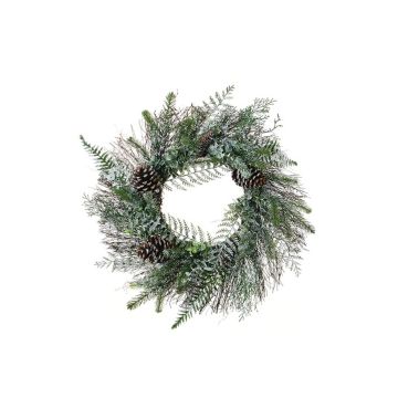 Umělý věnec borovice, eukalyptus, kapradí TRISS se šiškami, zmrzlý, zelenobílý, Ø60cm