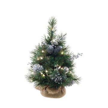 Umělý vánoční stromek CEDO, jutový pytel, šišky, bobule, LED diody, zeleno-stříbrný, 45cm