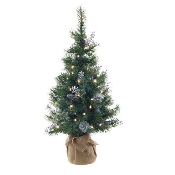 Umělý vánoční stromek CEDO, jutový pytel, šišky, bobule, LED diody, zeleno-stříbrný, 90cm