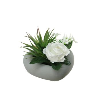 Umělé květinové aranžmá růže, agave BEVIS, dekorační květináč, bílá, 14cm, Ø18cm