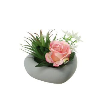 Umělé květinové aranžmá růže, agave BEVIS, dekorační květináč, růžovo-bílá, 14cm, Ø18cm